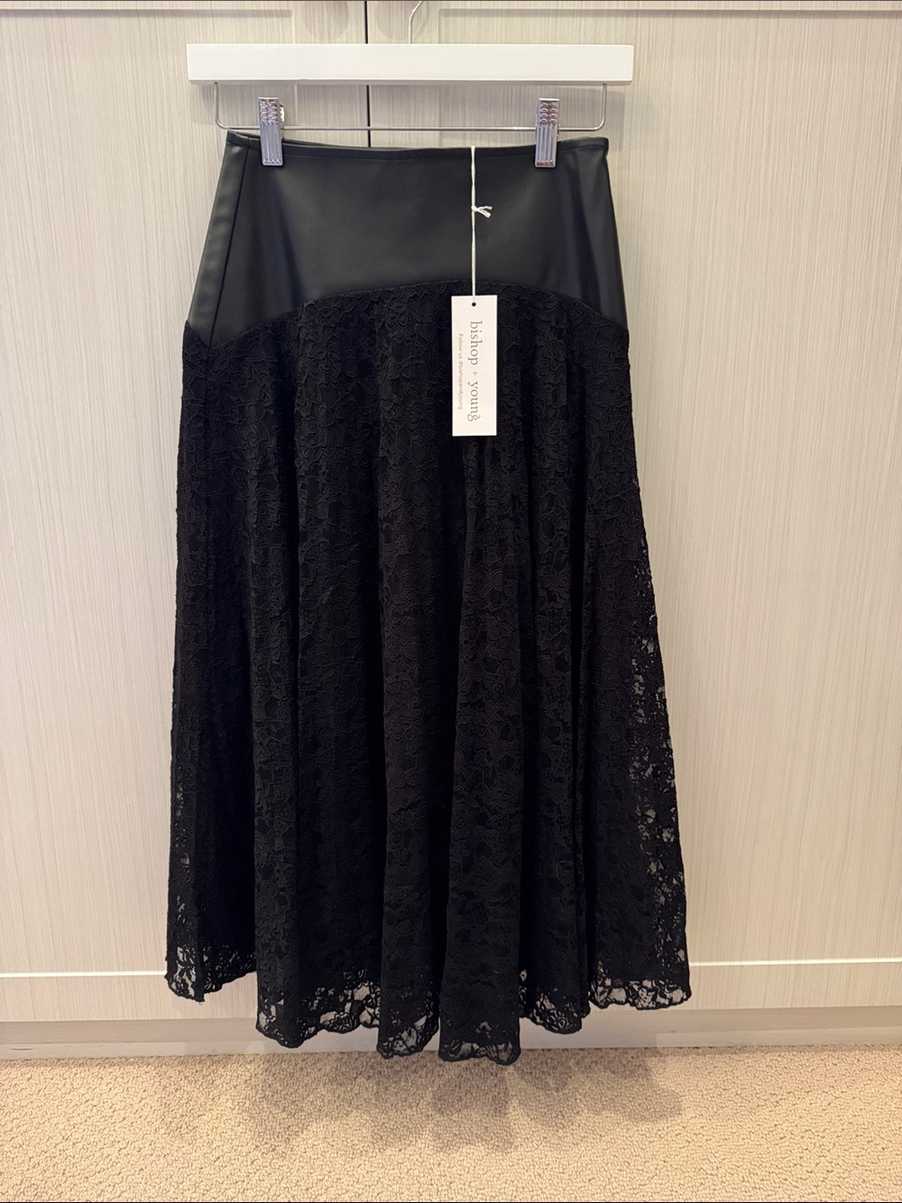 bishop + young Black Lace Midi Skirt with Faux Leather Waistband